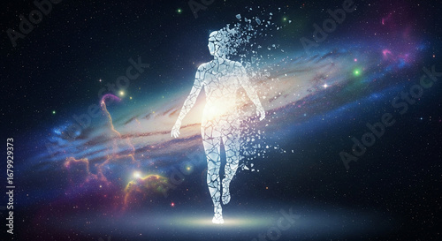 Cosmic Human Figure Dissolving Into Particles in Deep Space Universe