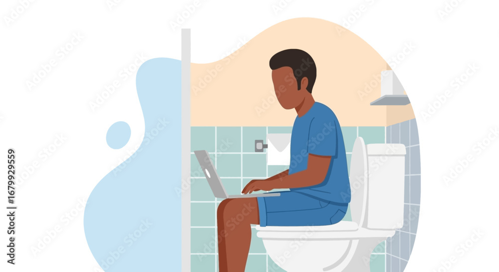 Obraz premium Man uses a laptop while sitting on the toilet, illustrating remote work, multitasking, or the challenges of work-life balance in modern life.