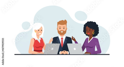 Diverse business team collaborating on laptops in a modern office setting. Represents teamwork, effective communication, and professional productivity.