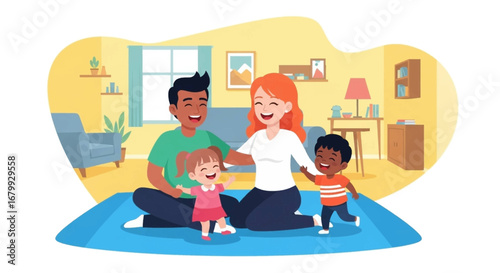 Happy diverse family with two young children playing on the floor at home. Portrays joy, love, and togetherness in a modern lifestyle setting.