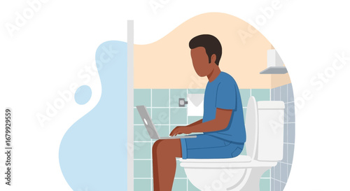 Man uses a laptop while sitting on the toilet, illustrating remote work, multitasking, or the challenges of work-life balance in modern life.