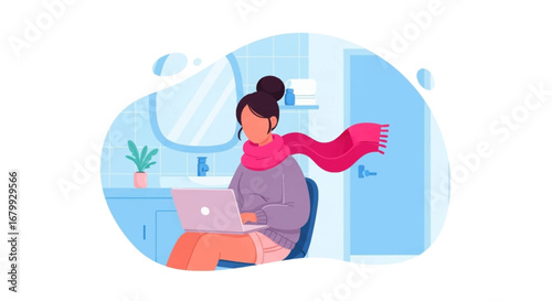Woman in a scarf using a laptop in a cozy bathroom setting, illustrating remote work, home comfort, or working while recovering from illness.