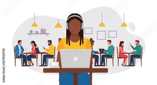 Diverse people working and socializing in a lively cafe. A focused woman uses her laptop with headphones, embodying modern freelance and co-working culture.