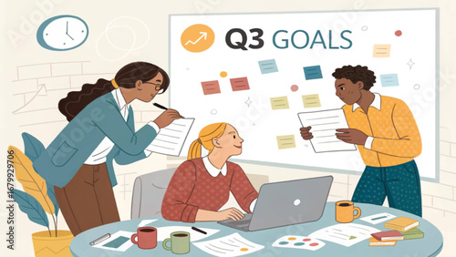 Professional diverse team actively planning Q3 business goals in a modern office, utilizing a whiteboard, laptop, and documents. Illustrates collaboration and strategy.