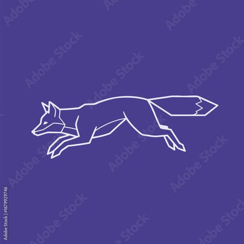 A sleek, minimalist illustration of a fox in mid-leap against a vibrant purple background, ideal for wildlife-themed designs