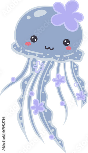 Cute jellyfish with flower character illustration for decoration on marine life, sea,ocean , aquarium and nautical concept.