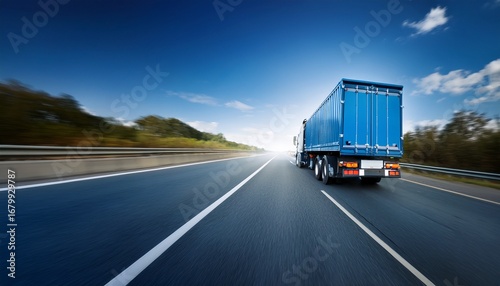 truck huge blue dump trailer heavy bulk cargo drives fast along the highway rear view