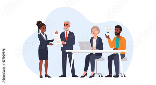 Diverse business team collaborating in a meeting. A woman presents documents, while colleagues engage in discussion and share new ideas, symbolizing teamwork and innovation.