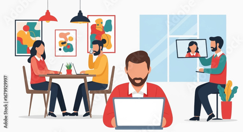 Diverse team collaborating in a modern office, utilizing laptops and video conferencing for productivity and seamless communication.