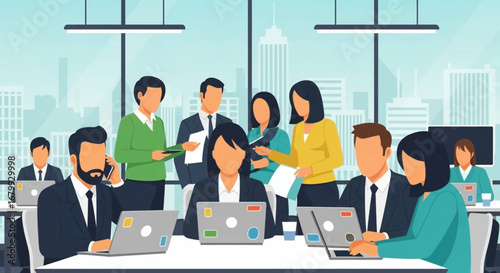 Diverse professionals collaborate and work in a modern office, symbolizing teamwork, productivity, and a dynamic corporate environment with city views.
