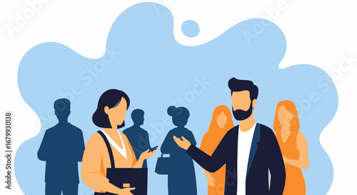 Professionals engage in a dynamic business discussion or networking event, highlighting communication and collaboration in a diverse group setting.