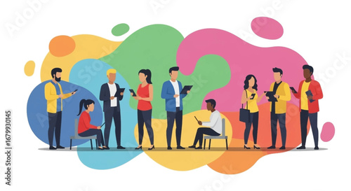 Diverse people focused on digital devices against a vibrant, abstract background, illustrating modern communication, connectivity, and technology integration in daily life and business.