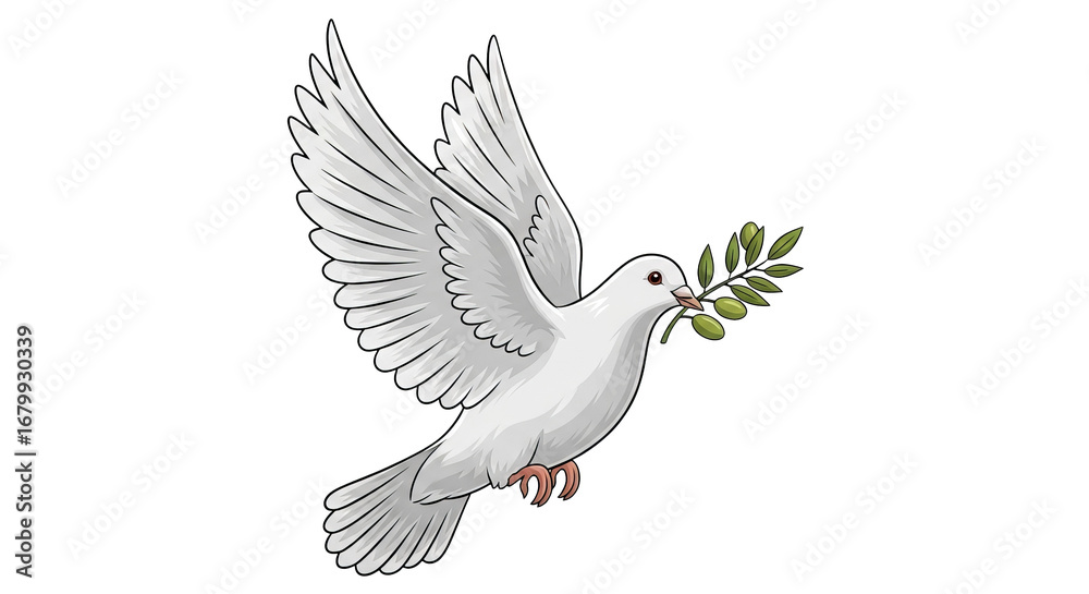 Obraz premium dove is flying while holding an olive branch in its beak against a solid background.