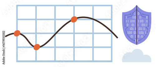 Data trend line crossing grid with three points, shield with binary code, and cloud. Ideal for analytics, cybersecurity, technology, cloud computing, protection, data tracking visual explanation