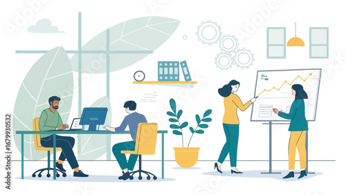 Professional team collaborating in a modern office environment, analyzing data and presenting strategies for business growth and success. Ideal for concepts of teamwork and progress.