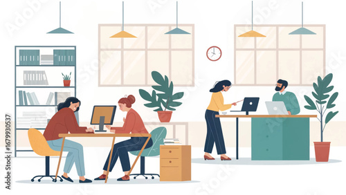 Diverse professionals collaborating and working on computers in a modern office environment, symbolizing teamwork, productivity, and contemporary business.