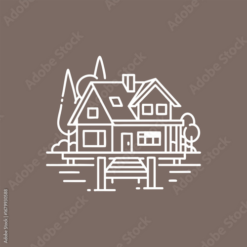 Illustration of a cozy house on stilts by a serene lake, surrounded by trees and a peaceful landscape in the background