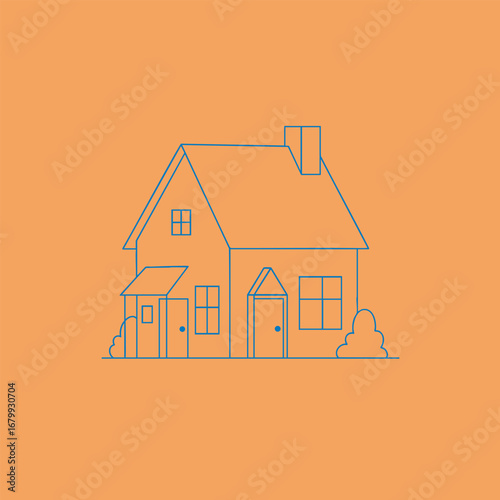 A simple, illustrated house with an orange background, showcasing a cozy home environment with minimalistic design