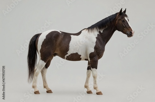 Paint horse standing, studio shot, grey background, equine artwork