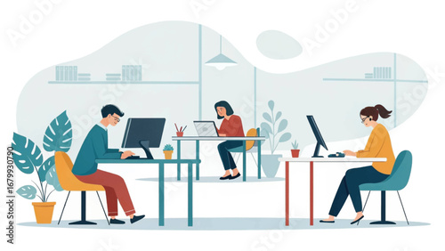 Diverse employees focused on their tasks at individual workstations in a contemporary office setting, representing productivity and teamwork.