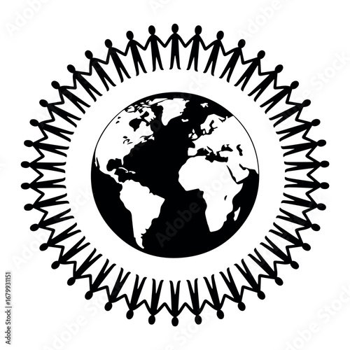 Global community unity and world peace concept with people holding hands around the earth vector design