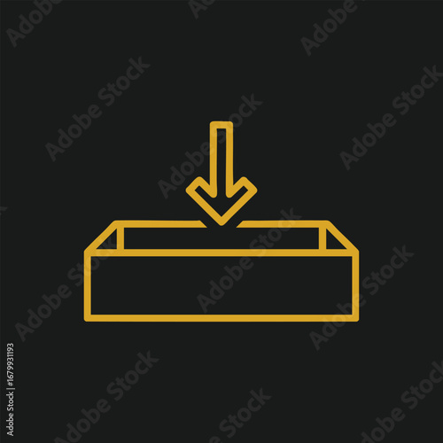 Minimalist illustration of a downward arrow entering a rectangular box on a dark background, symbolizing delivery or upload