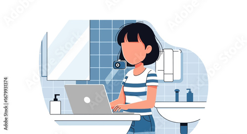 Professional woman uses a laptop for remote work or an online meeting in a modern tiled bathroom, illustrating flexibility and technology integration into daily life.