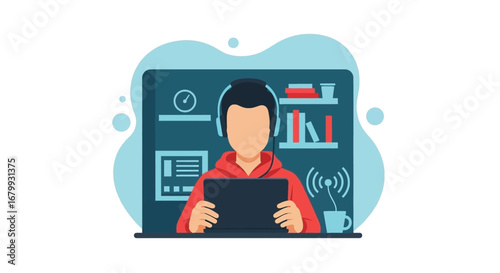 Person wearing headphones using a laptop for remote work, online learning, or customer support in a digital, connected environment. Ideal for tech, education, or business concepts.