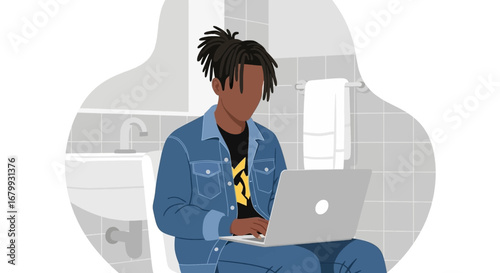 Focused young man with dreadlocks multitasks, working on his laptop while in the bathroom, reflecting modern work habits and flexibility.