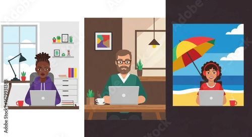 Diverse people engaged in remote work from various locations: a home office, a modern cafe, and a sunny beach, illustrating flexible lifestyle and productivity.
