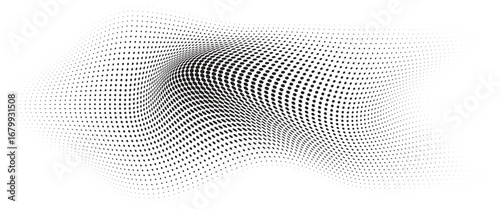 Flowing Wave Dot Halftone Pattern: Curve Gradient Shape on Transparent Background. Suitable for AI, Tech, Network, Digital, Science, and Technology Themes.