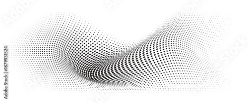 Flowing Wave Dot Halftone Pattern: Curve Gradient Shape on Transparent Background. Suitable for AI, Tech, Network, Digital, Science, and Technology Themes.