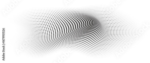 Flowing Wave Dot Halftone Pattern: Curve Gradient Shape on Transparent Background. Suitable for AI, Tech, Network, Digital, Science, and Technology Themes.