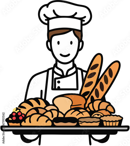Chef with bread and baguette flat design