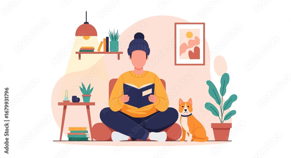 Fototapeta premium Person enjoying quiet reading time at home with their dog, surrounded by cozy decor. Represents relaxation, learning, and comfortable lifestyle.