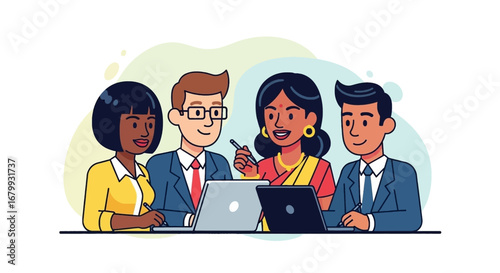 Diverse business professionals smiling, collaborating with laptops at a table. Teamwork, meeting, and partnership concept.