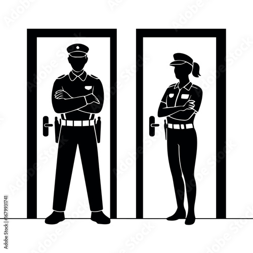 Security guard team vector illustration male and female guards standing at doors in uniform profession 100