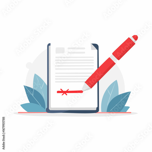 Signing Document Illustration With Red Pen