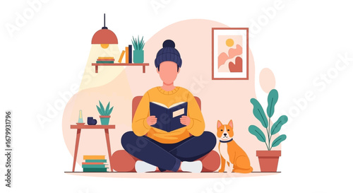 Person enjoying quiet reading time at home with their dog, surrounded by cozy decor. Represents relaxation, learning, and comfortable lifestyle.