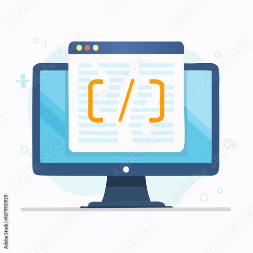 Flat Design Computer Showing Webpage Code