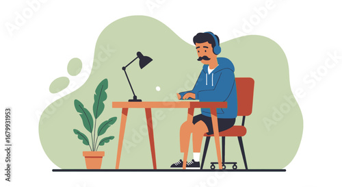 A focused man in casual attire wearing headphones works on his laptop at a desk with a plant. Ideal for remote work, online education, or modern lifestyle concepts.
