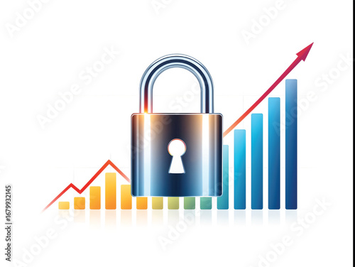 Data Security in Rise: A shimmering padlock, symbolic of robust data security, stands before a colorful financial chart trending upward, representing growth, security, and digital stability.