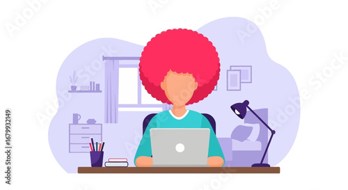 Person with vibrant red hair focused on a laptop at a home desk, illustrating remote work, online learning, or creative freelancing in a modern lifestyle setting.