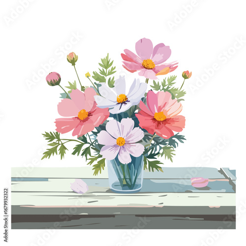 水彩で描かれたテーブルの上のコスモスの花