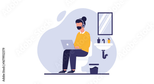 Person in mask and headset working on laptop while sitting on toilet. Illustrates remote work challenges, privacy issues, or multi-tasking during pandemic.