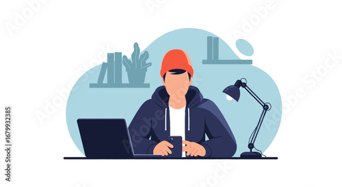 Focused person in a beanie and hoodie working remotely with a laptop and smartphone. Ideal for themes of casual work, online learning, technology, or modern lifestyle.