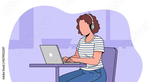 Woman with headphones working on laptop at a desk, ideal for concepts of remote work, online learning, productivity, and virtual communication.
