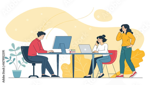 Team of professionals working collaboratively in a modern office environment. Illustrates communication, productivity, and dynamic business operations.