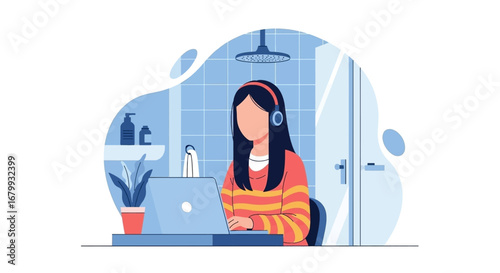 Professional woman works remotely on her laptop with headphones in a home environment, showcasing modern work-life balance and flexibility.