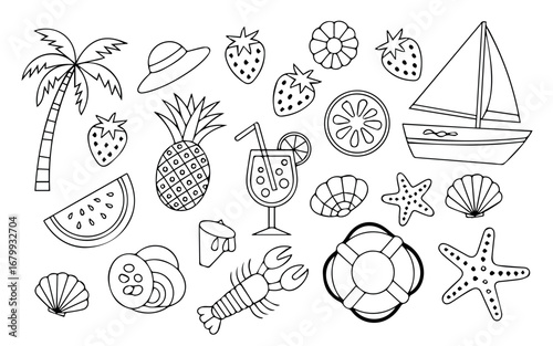 Summer beach vacation vector drawing with palm tree pineapple and boat outline style for coloring book page